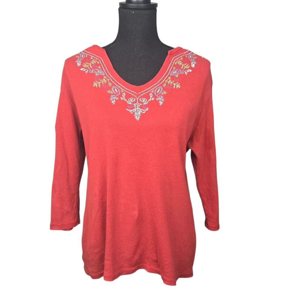 Route 66‎ Vintage Embroidered Top 3/4 Sleeve Cotton V Neck Tee XL Red